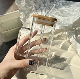 Taza De Vidrio Con Sorbete y Tapa Bambu