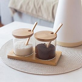 Especiero X2 Con Tapa + Base Y Cuchara Bambu