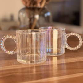 Set X 6 Tazas De Vidrio Tornasoladas Manija Perlas