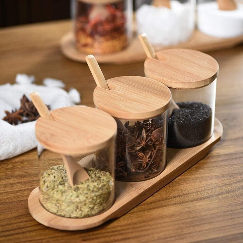 Especiero X3 Con Tapa + Base Y Cuchara Bambu